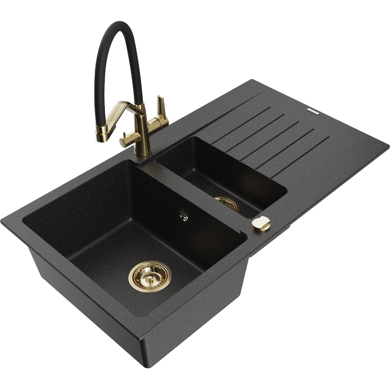 Mexen Matias granite kitchen sink 1.5-bowl with drainer and Duo kitchen tap, black/silver - 6502-73-671701-57-G