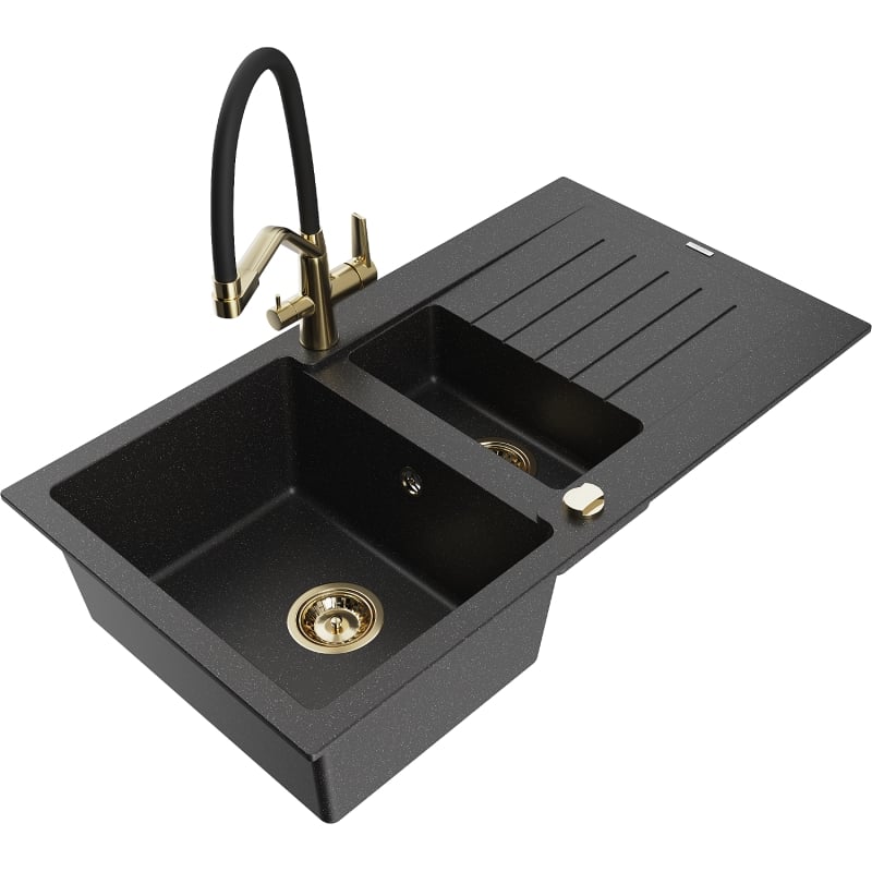 Mexen Matias granite sink 1.5-bowl with drainer and Duo kitchen faucet, black/silver - 6502-73-671701-57-G