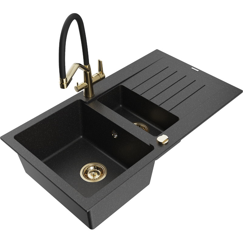 Mexen Matias granite sink 1.5-bowl with drainer and kitchen faucet Duo, black/silver - 6502-73-671701-57-G