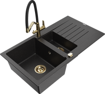 Mexen Matias granite sink 1.5-bowl with drainer and kitchen faucet Duo, black/silver - 6502-73-671701-57-G