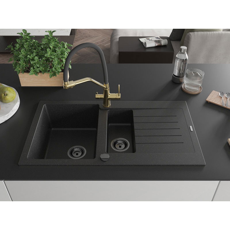 Mexen Matias granite sink 1.5-bowl with drainer and Duo kitchen tap, black/silver - 6502-73-671701-57-B