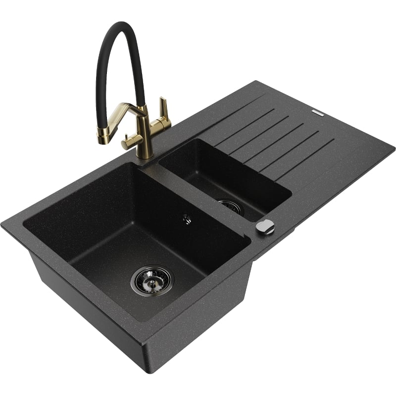 Mexen Matias 1.5-bowl granite sink with drainer and Duo kitchen faucet, black/silver - 6502-73-671701-57-B