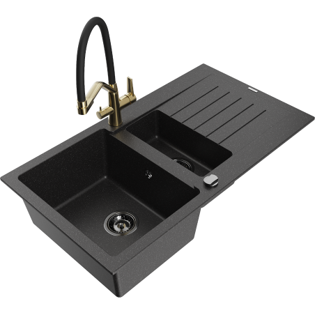 Mexen Matias 1.5-bowl granite sink with drainer and Duo kitchen faucet, black/silver - 6502-73-671701-57-B