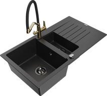 Mexen Matias 1.5-bowl granite sink with drainer and Duo kitchen faucet, black/silver - 6502-73-671701-57-B