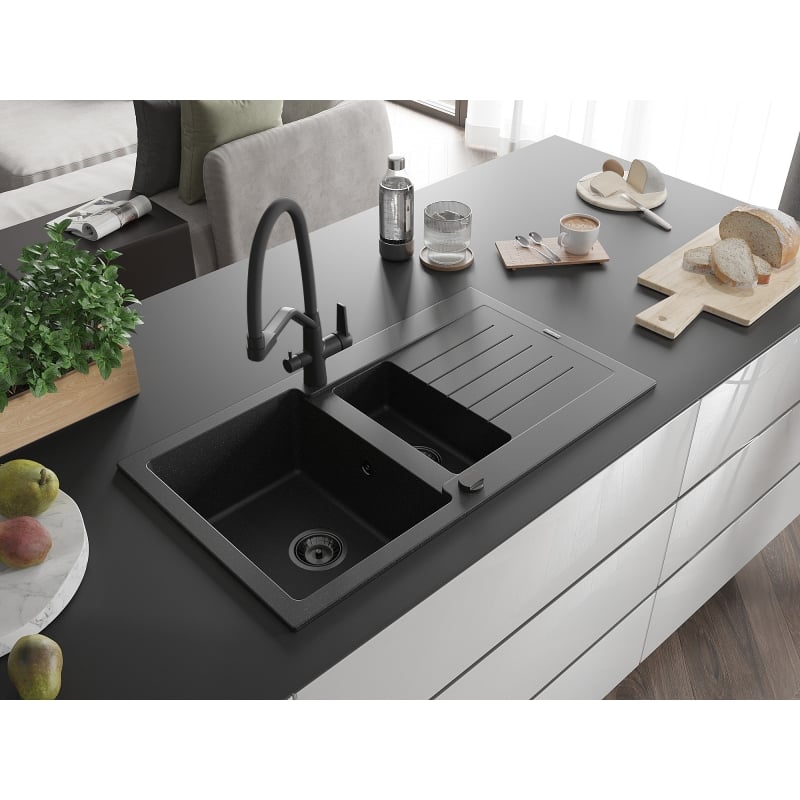 Mexen Matias 1.5-bowl granite kitchen sink with drainer and Duo kitchen faucet, black/silver - 6502-73-671701-70-B