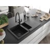 Mexen Matias 1.5-bowl granite sink with drainer and Duo kitchen tap, black/silver - 6502-73-671701-70-B