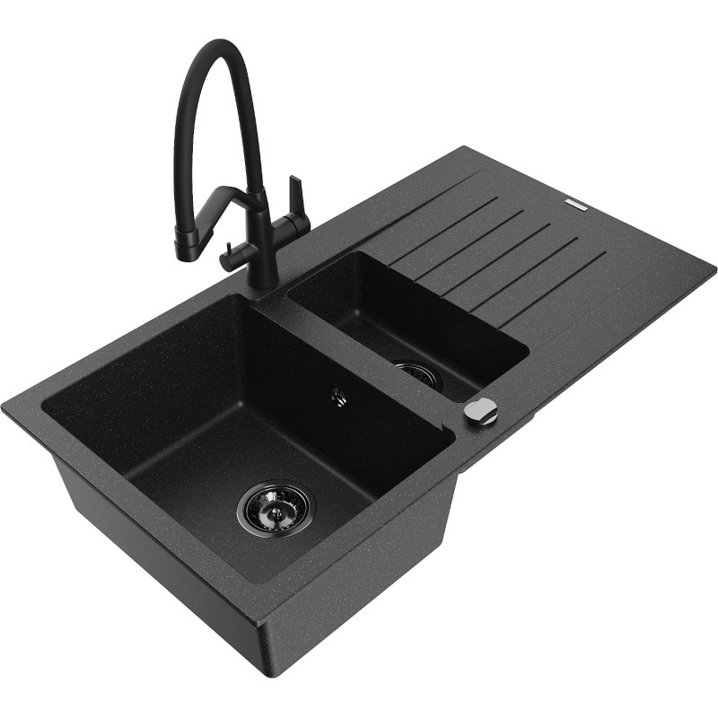 Mexen Matias granite sink 1.5-bowl with drainer and Duo kitchen faucet, black/silver - 6502-73-671701-70-B