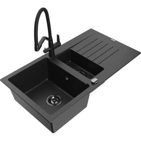 Mexen Matias 1.5-bowl granite kitchen sink with drainer and Duo kitchen faucet, black/silver - 6502-73-671701-70-B
