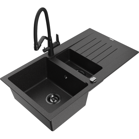 Mexen Matias 1.5-bowl granite sink with drainer and Duo kitchen tap, black/silver - 6502-73-671701-70-B