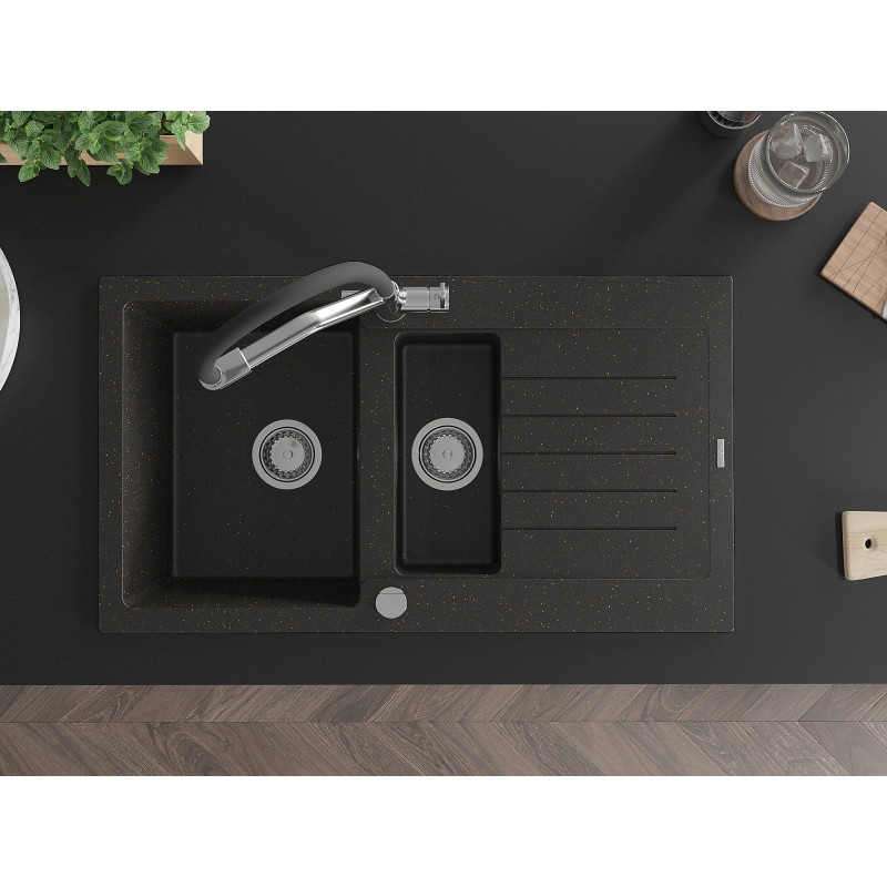 Mexen Matias granite kitchen sink 1.5-bowl with drainer and Duo kitchen faucet, black/gold metallic - 6502-75-671701-07