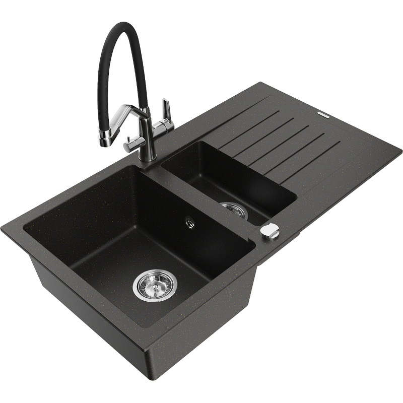 Mexen Matias granite sink 1.5-bowl with drainer and Duo kitchen faucet, black/gold metallic - 6502-75-671701-07