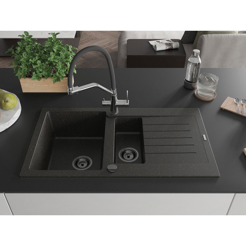 Mexen Matias granite sink 1.5-bowl with drainer and Duo kitchen tap, black/gold metallic - 6502-75-671701-07-B