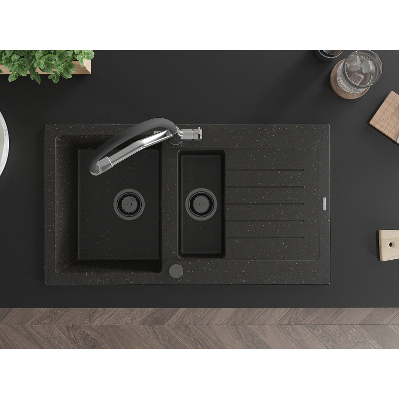 Mexen Matias granite sink with 1.5 bowls, drainer and Duo kitchen faucet, black/gold metallic - 6502-75-671701-07-B