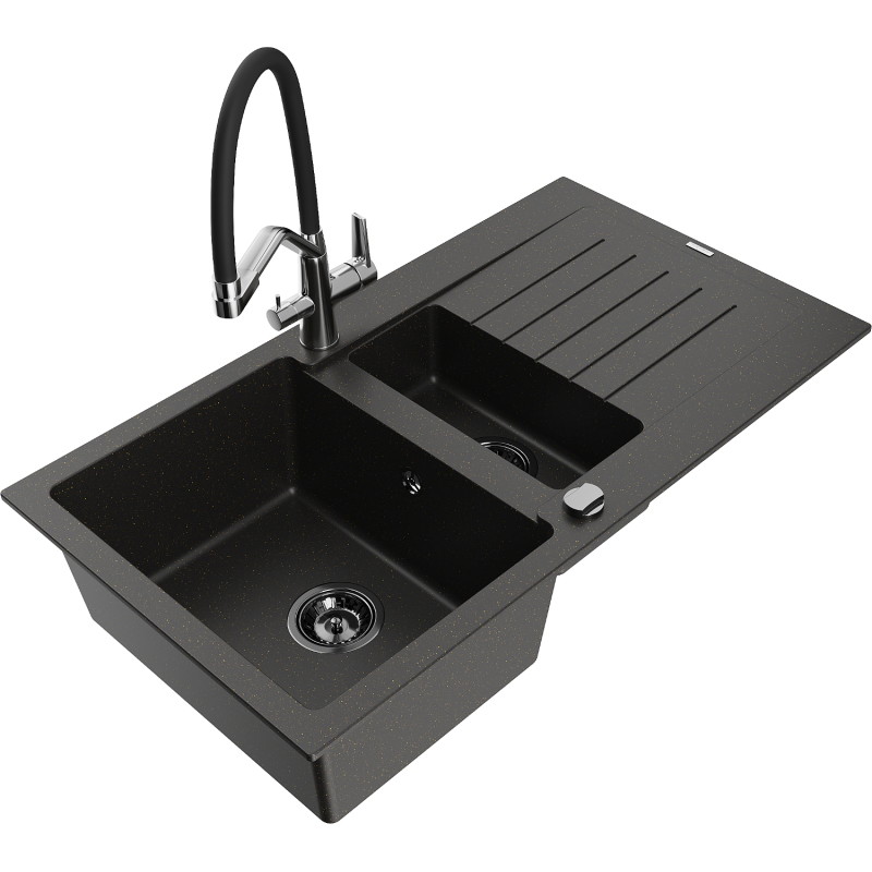 Mexen Matias 1.5-Bowl Granite Sink with Drainer and Duo Kitchen Faucet, Black/Gold Metallic - 6502-75-671701-07-B