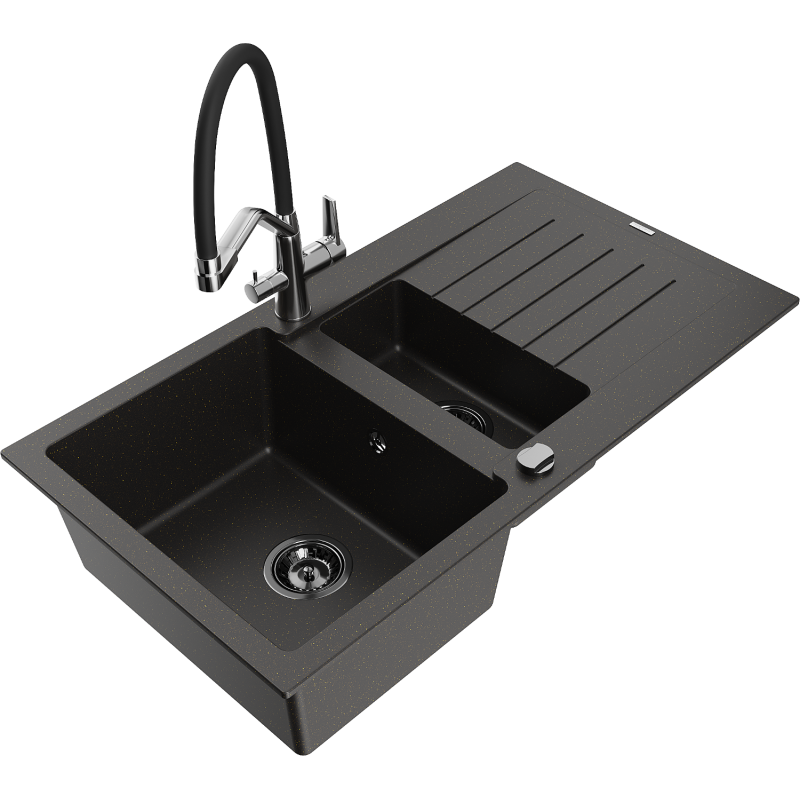 Mexen Matias 1.5-compartment granite sink with a drip tray and kitchen mixer tap Duo, Black/ gold metallic - 6502-75-671701-07-B