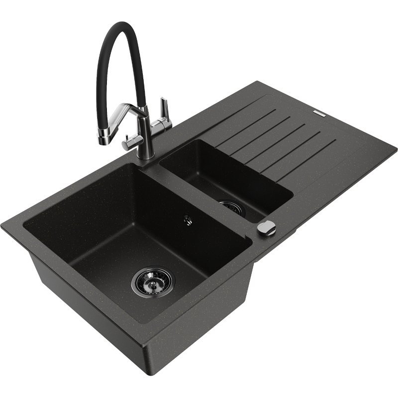 Mexen Matias granite sink 1.5-bowl with drainer and Duo kitchen tap, black/gold metallic - 6502-75-671701-07-B