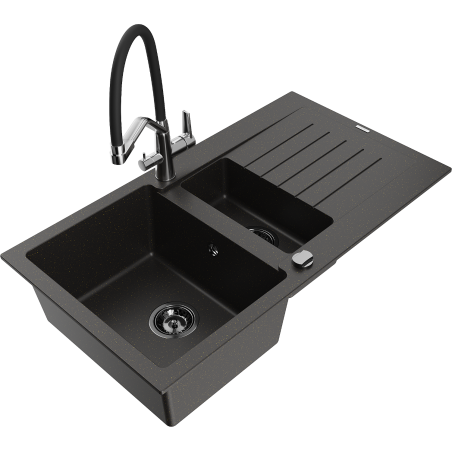 Mexen Matias 1.5-compartment granite sink with a drip tray and kitchen mixer tap Duo, Black/ gold metallic - 6502-75-671701-07-B