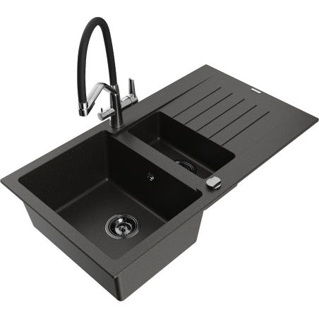 Mexen Matias granite sink with 1.5 bowls, drainer and Duo kitchen faucet, black/gold metallic - 6502-75-671701-07-B