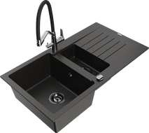 Mexen Matias granite sink with 1.5 bowls, drainer and Duo kitchen faucet, black/gold metallic - 6502-75-671701-07-B