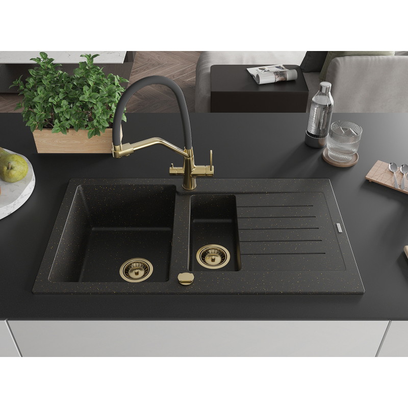 Mexen Matias granite sink 1.5-bowl with drainer and Duo kitchen faucet, black/gold metallic - 6502-75-671701-57-G