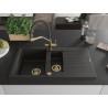 Mexen Matias granite sink 1.5-bowl with drainer and Duo kitchen faucet, black/gold metallic - 6502-75-671701-57-G