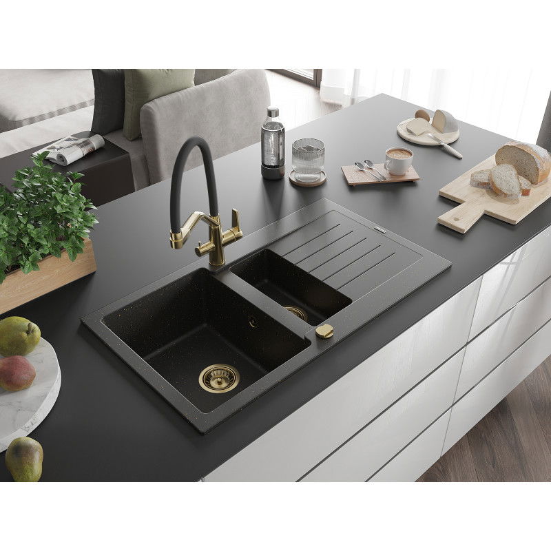 Mexen Matias granite sink 1.5-bowl with drainer and Duo kitchen tap, black/gold metallic - 6502-75-671701-57-G