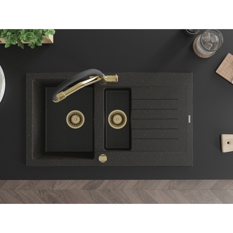 Mexen Matias 1.5-bowl granite sink with drainer and Duo kitchen faucet, black/gold metallic - 6502-75-671701-57-G