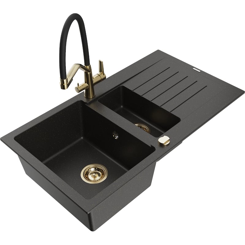 Mexen Matias 1.5-bowl granite sink with drainer and Duo kitchen faucet, black/gold metallic - 6502-75-671701-57-G