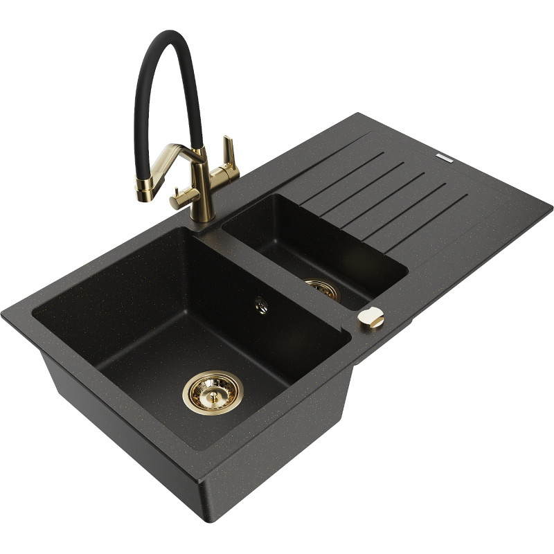 Mexen Matias granite sink 1.5-bowl with drainer and Duo kitchen faucet, black/gold metallic - 6502-75-671701-57-G