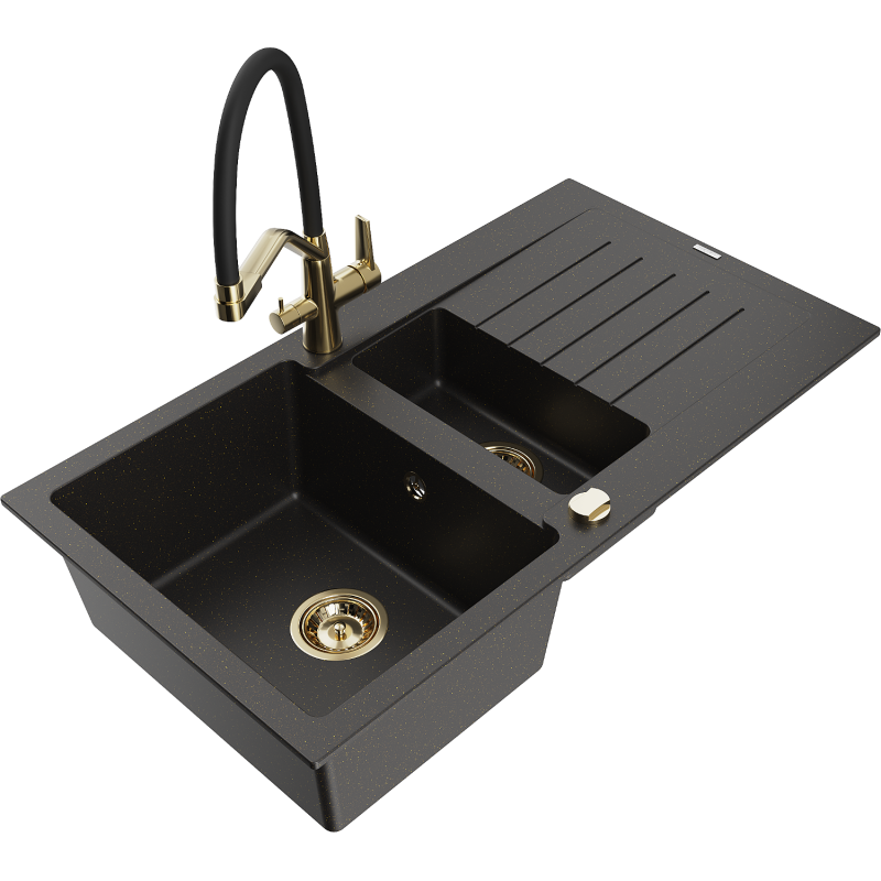 Mexen Matias granite sink 1.5-bowl with drainer and Duo kitchen tap, black/gold metallic - 6502-75-671701-57-G