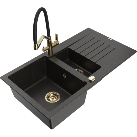 Mexen Matias 1.5-bowl granite sink with drainer and Duo kitchen faucet, black/gold metallic - 6502-75-671701-57-G