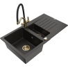 Mexen Matias 1.5-bowl granite sink with drainer and Duo kitchen faucet, black/gold metallic - 6502-75-671701-57-G
