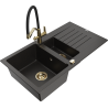 Mexen Matias granite sink 1.5-bowl with drainer and Duo kitchen faucet, black/gold metallic - 6502-75-671701-57-G