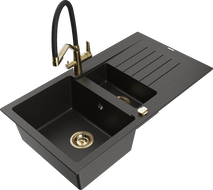 Mexen Matias granite sink 1.5-bowl with drainer and Duo kitchen faucet, black/gold metallic - 6502-75-671701-57-G