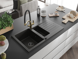 Mexen Matias 1.5-compartment granite sink with a drip tray and kitchen mixer tap Duo, Black/ gold metallic - 6502-75-671701-57-B