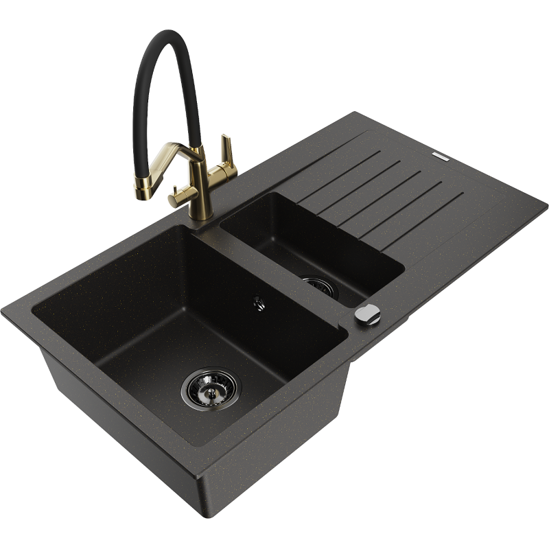Mexen Matias 1.5-compartment granite sink with a drip tray and kitchen mixer tap Duo, Black/ gold metallic - 6502-75-671701-57-B