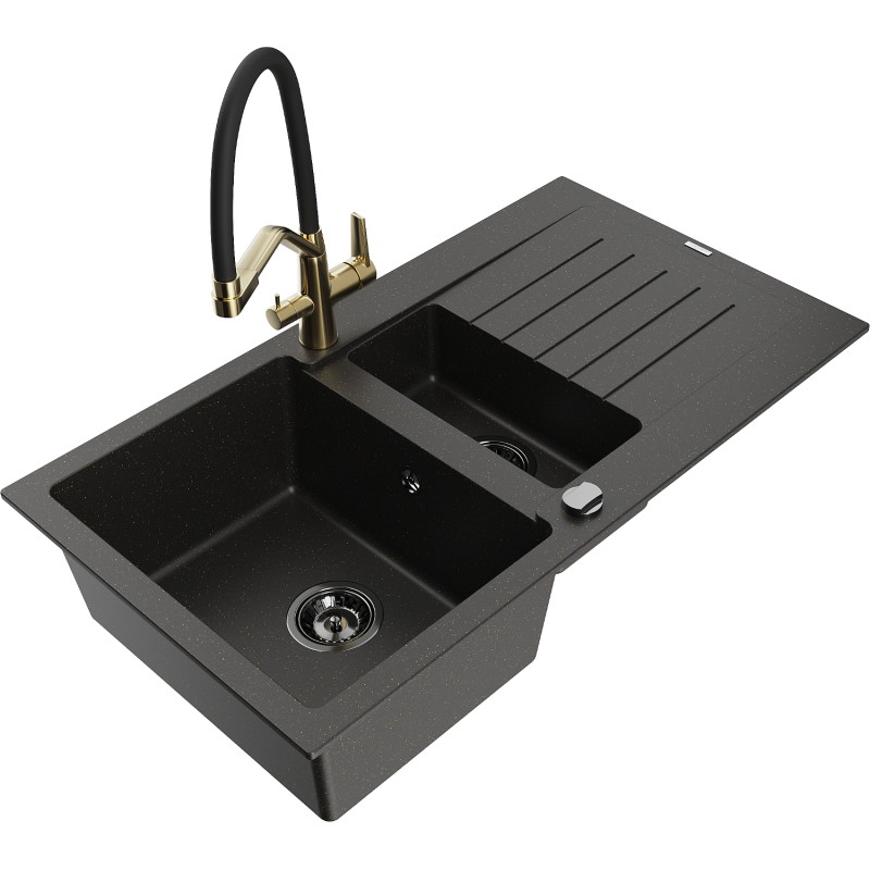 Mexen Matias granite sink 1.5-bowl with drainer and Duo kitchen faucet, black/gold metallic - 6502-75-671701-57-B