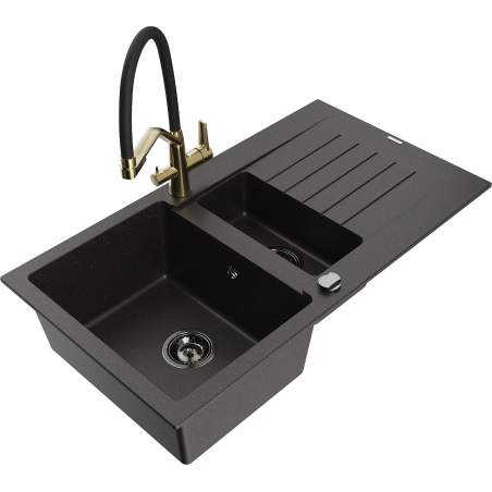 Mexen Matias 1.5-compartment granite sink with a drip tray and kitchen mixer tap Duo, Black/ gold metallic - 6502-75-671701-57-B