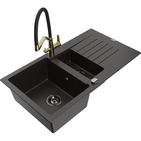 Mexen Matias granite sink 1.5-bowl with drainer and Duo kitchen faucet, black/gold metallic - 6502-75-671701-57-B