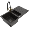 Mexen Matias 1.5-compartment granite sink with a drip tray and kitchen mixer tap Duo, Black/ gold metallic - 6502-75-671701-57-B