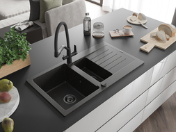 Mexen Matias 1.5-compartment granite sink with a drip tray and kitchen mixer tap Duo, Black/ gold metallic - 6502-75-671701-70-B