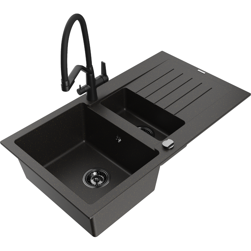 Mexen Matias 1.5-compartment granite sink with a drip tray and kitchen mixer tap Duo, Black/ gold metallic - 6502-75-671701-70-B
