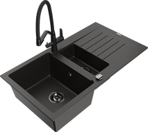 Mexen Matias granite sink 1.5-bowl with drainer and Duo kitchen faucet, black/gold metallic - 6502-75-671701-70-B