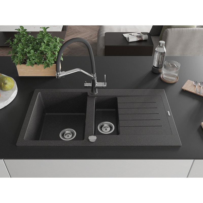 Mexen Matias granite kitchen sink 1.5-bowl with drainer and Duo kitchen faucet, speckled black - 6502-76-671701-07