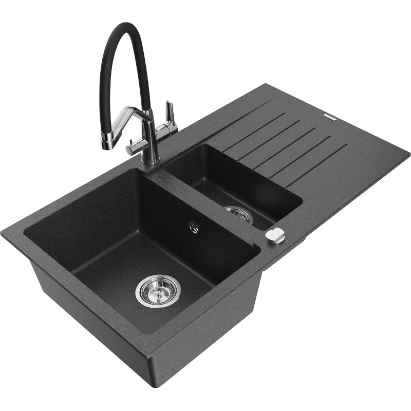 Mexen Matias 1.5-bowl granite sink with drainer and Duo kitchen tap, speckled black - 6502-76-671701-07
