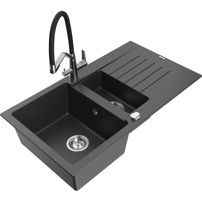 Mexen Matias 1.5-compartment granite sink with a drip tray and kitchen mixer tap Duo, Spotted black - 6502-76-671701-07