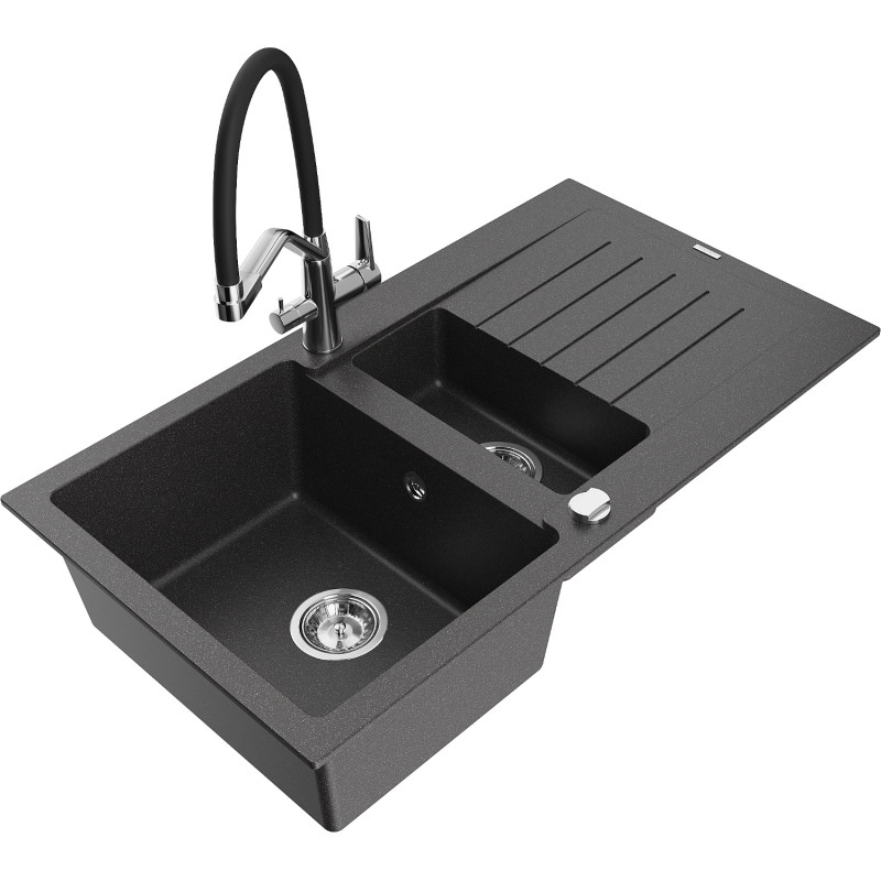 Mexen Matias granite sink 1.5-bowl with drainer and Duo kitchen faucet, black speckled - 6502-76-671701-07