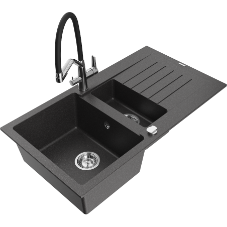 Mexen Matias granite sink 1.5-bowl with drainer and Duo kitchen faucet, black speckled - 6502-76-671701-07
