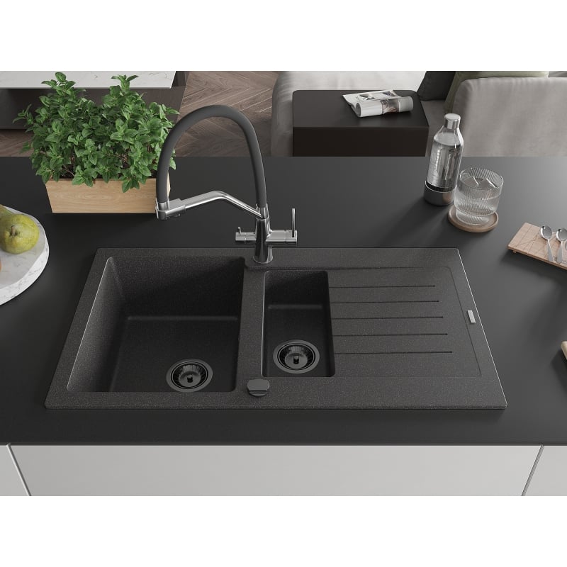 Mexen Matias granite sink 1.5-bowl with drainer and Duo kitchen faucet, black speckled - 6502-76-671701-07-B