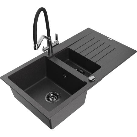 Mexen Matias granite sink 1.5-bowl with drainer and Duo kitchen faucet, black speckled - 6502-76-671701-07-B